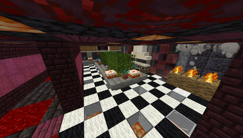 Scythe Kitchen consept A picture of scythe's kitchen planned out and built in creative mode. The kitchen has a focus on red and black, with the exception of the black and white checkered floor and stone accents. There are firepits, furnaces, and smokers lining the far wall, with