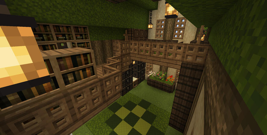 A cozy Home consept build A build designed in Creative mode by Faceless Aces for SSC. it features primarily moss, with green carpet and terracotta texturing and Oak accents. The build is presented in the "Mizunos 16" texture pack, giving it a more rustic feel.