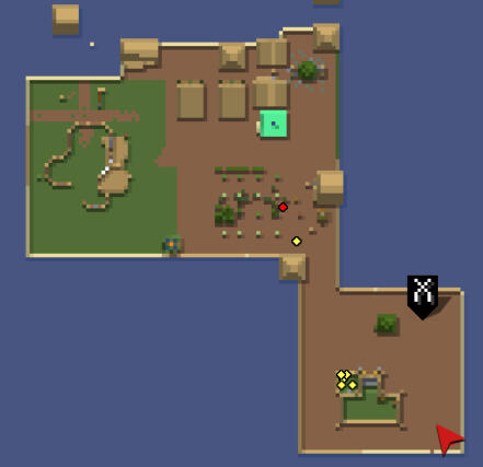 An old screenshot of the Harmony Hallow map. There is an unfinished build on the left, some village houses near the middle, a large green patch representing the farm beneath the houses, some decaying trees south of the houses, a small house to the right, a